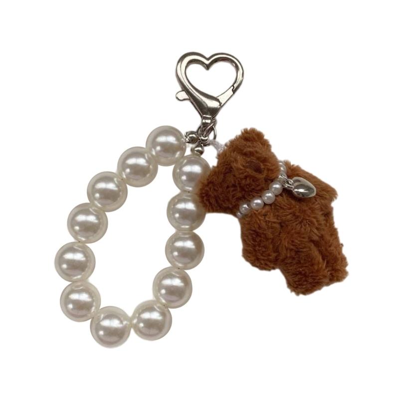 Modern Plush Bear Phone Charm Keychain with Imitation Pearls Bag Pendant Keyring Comfortable to Carry for Daily Use