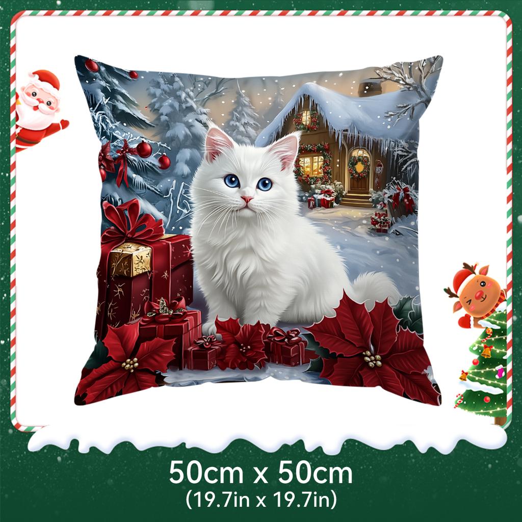 Christmas Themed Cat Pillowcase Bedroom Sofa Cushion Cover 100% Polyester Living Room Cushion Pillowcase Home Decor