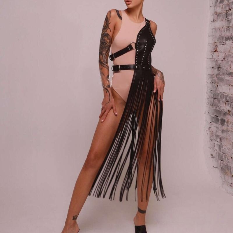 Punk Fringed Waist Belt Long Suspender Belt For Women PU Leather Adjustable Accessory For Party and Stage Performances