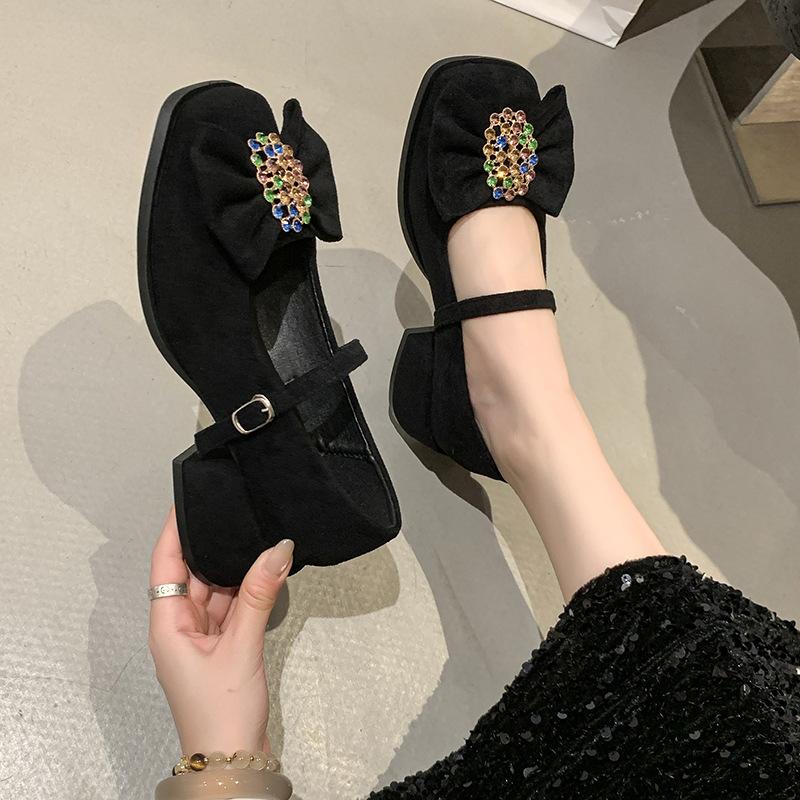2025 Spring and Summer New Rhinestone Temperament Trendy Horseshoe Heel Square Head Fashionable Gentle Single Shoelace Lock
