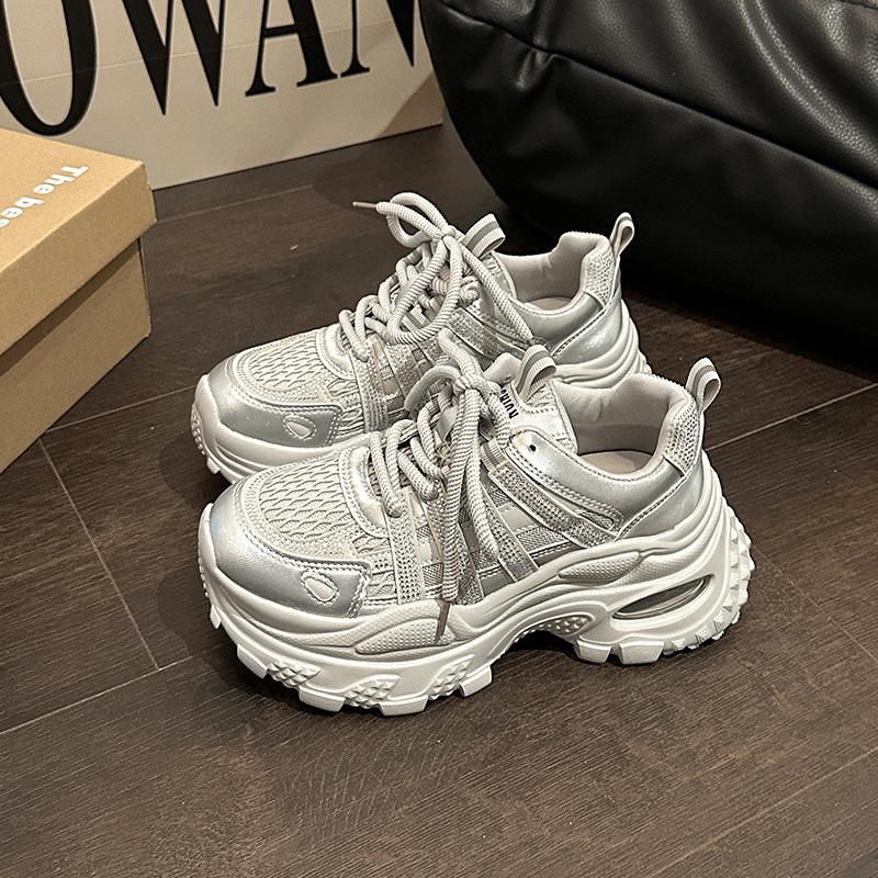 Fashion and comfortable versatile muffin shoes women's casual thick-soled heightening dad shoes summer new rhinestone mesh sneakers