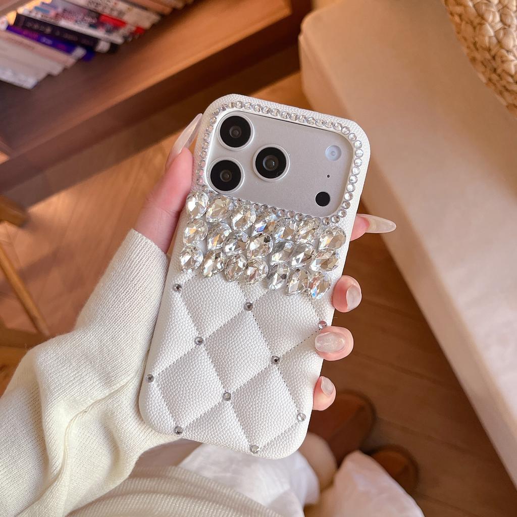 Fashion 3D Grid Glitter Diamond PU Leather Hard PC Phone Case for iPhone Air 16 15 14 13 17 Pro Max Bling Rhinestone Girly Cover