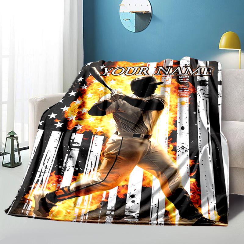 1PC Custom Name Baseball Power Pose flannel blanket versatile, all-season throw suitable for the living room, bedroom, camping, travel, and gift