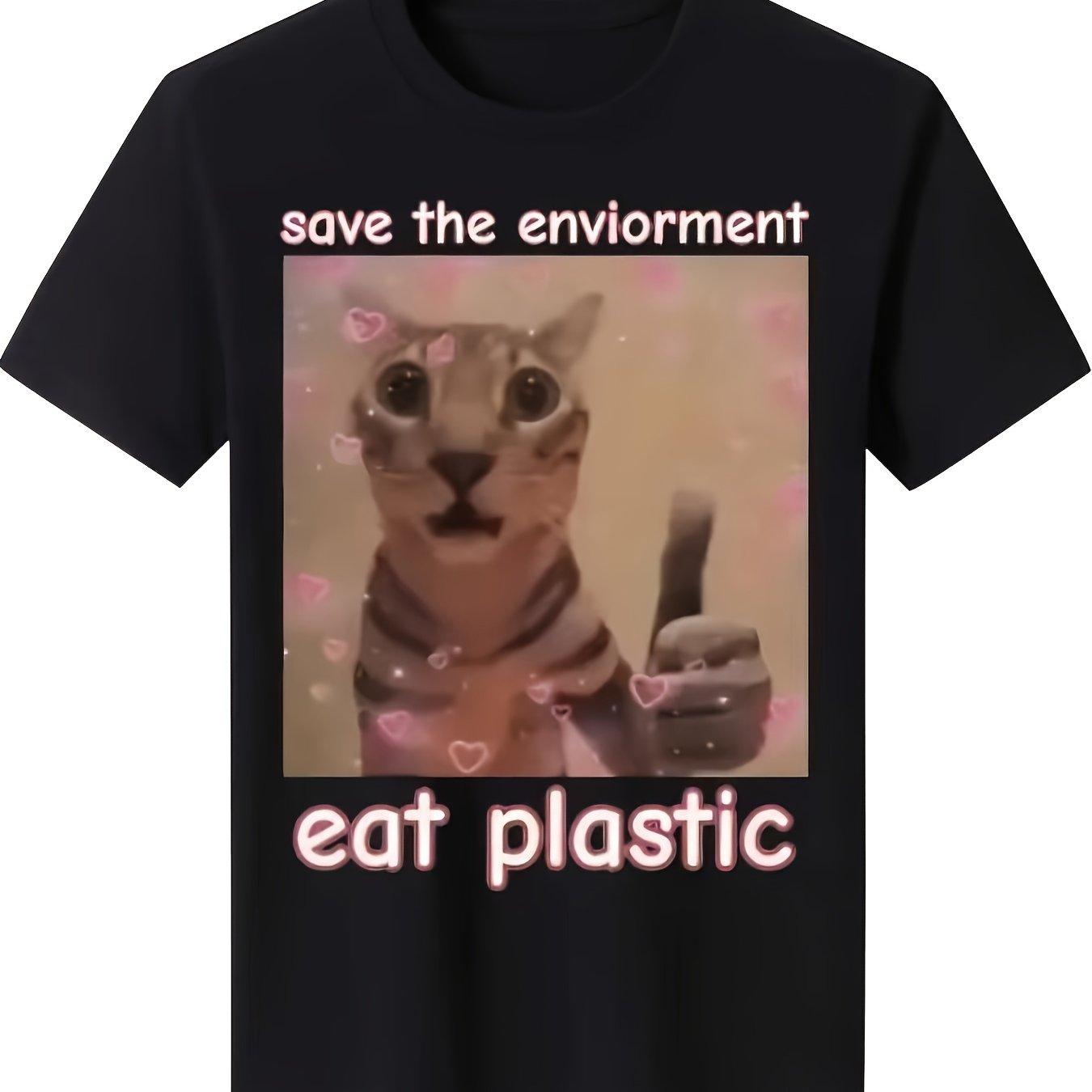 Save The Environment Eat Plastic Cat Thumbs Up Graphic Tee Men Casual Short Sleeve Cotton T-Shirt 4XL