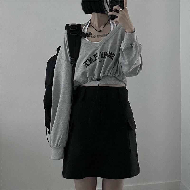 Korean Spring One-Shoulder Two-Piece: Long Sleeve Sweater & Navel-Length Halter Top