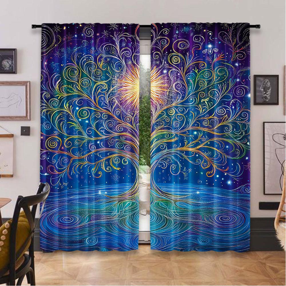 2Pcs Vintage Curtain Tree Of Life With Floral Style Artwork Meditation Peace Design Suitable For Bedroom Bathroom Living Room