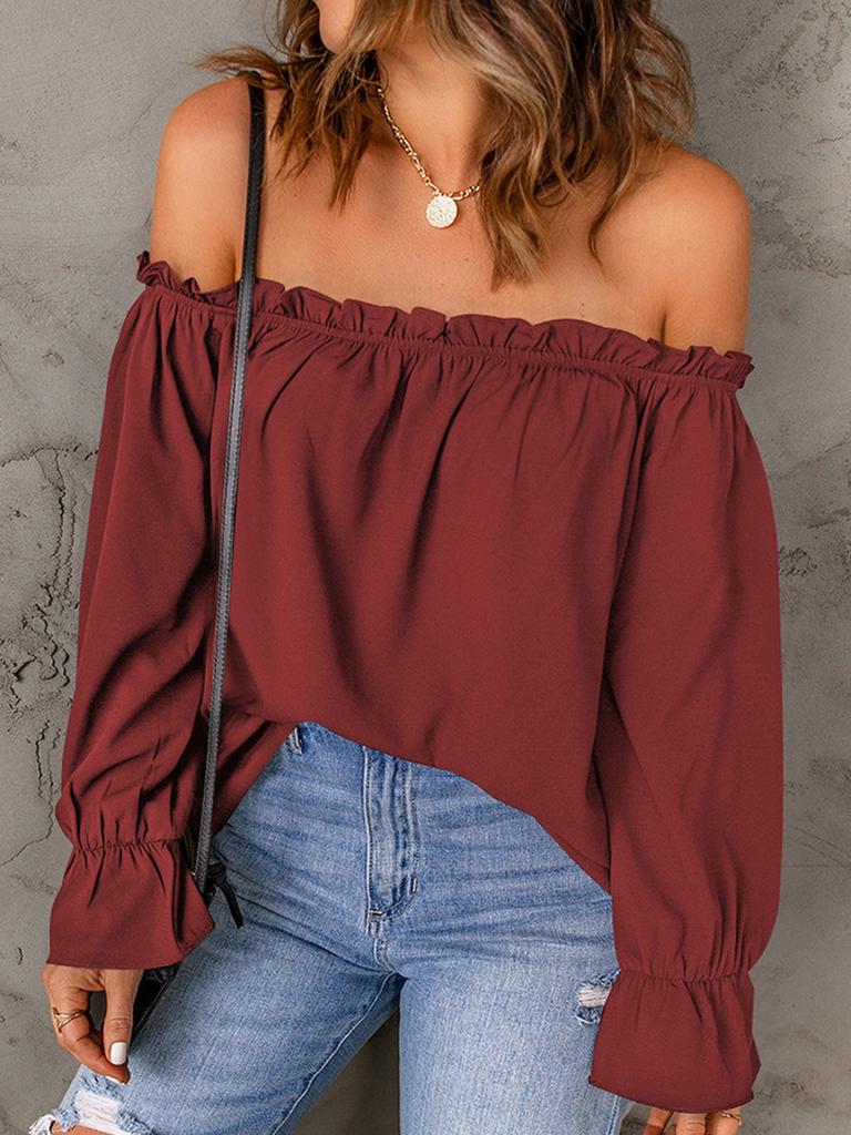 One Word Snow Silk Shirt Women Spring Autumn New Style Solid Color Crew Neck Sexy Off-Shoulder Top for Women