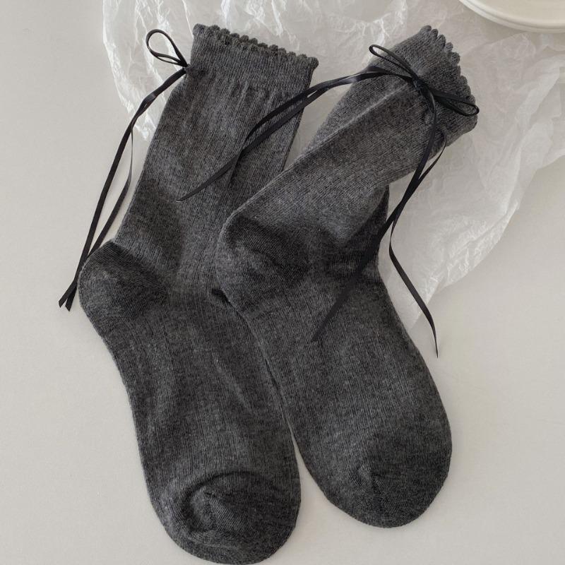 

Носки до середины икры для женщин с весенними и летними завязками и бантами. Носки до середины икры для милых девочек. Кружевные хлопковые махровые носки для женщин 1 pair темно-серого