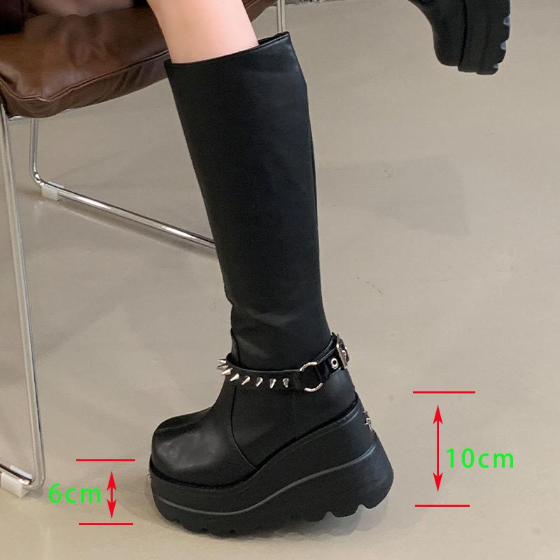 Women Knee High Boots Winter Platform Women Thigh High Boots Fashion Belt Buckle Long Booties Vintage Square Ladies Shoes