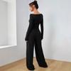 VEZFAA Women's Fashion Casual Spring Autumn Solid Color Print Long Sleeve O-Neck Trousers Pants Suits