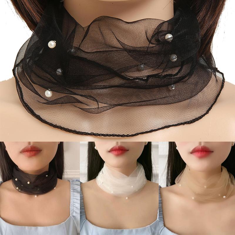 

Spring Summer Chiffon Neck Collar Scarf Mesh Fake Pear Women Head Thin Sunscreen Anti-UV Scarf Fashion Lace Beaded Scarves чорний