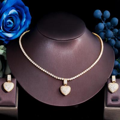CMM CZ Zircon Brazilian Gold Color Heart Shape Pendant Necklace and Earring Fashion Women Wedding Party Jewelry Set