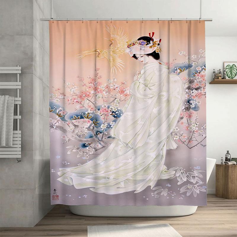 

Luxury Vintage Floral Shower Curtain With Birds Print For Bathroom Decoration Peach Pink White Colorful Bath Rug Set Home Waterp 90x180cm