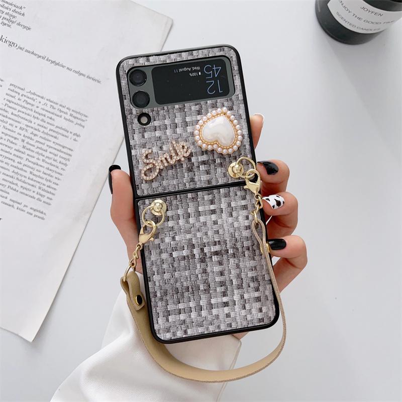 Luksus vintage vevd mønsterveske for Samsung Galaxy Z Flip 5 4 Z Flip 3 Square Pearl PU Brace Lanyard Cover for Samsung Galaxy Z Fold 5 3 Z fold 4