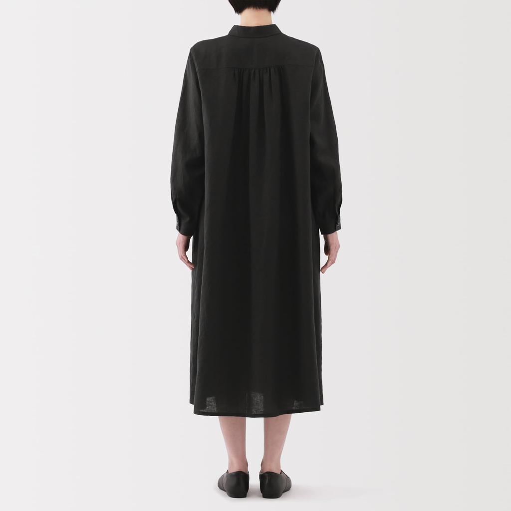 MUJI Women's Linen Washed Long Sleeve Shirt Dress, Black, Size Small, BC2LDA5S