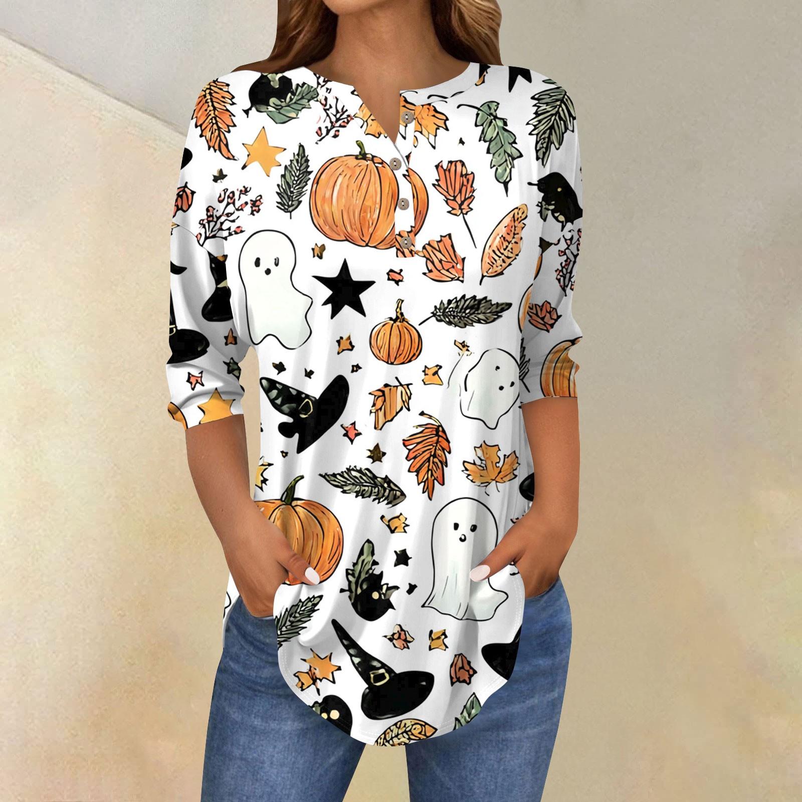 

Женская модная свободная футболка с пуговицами на воротнике, с принтом на Хэллоуин, с длинным рукавом, топ, пуловер S белый