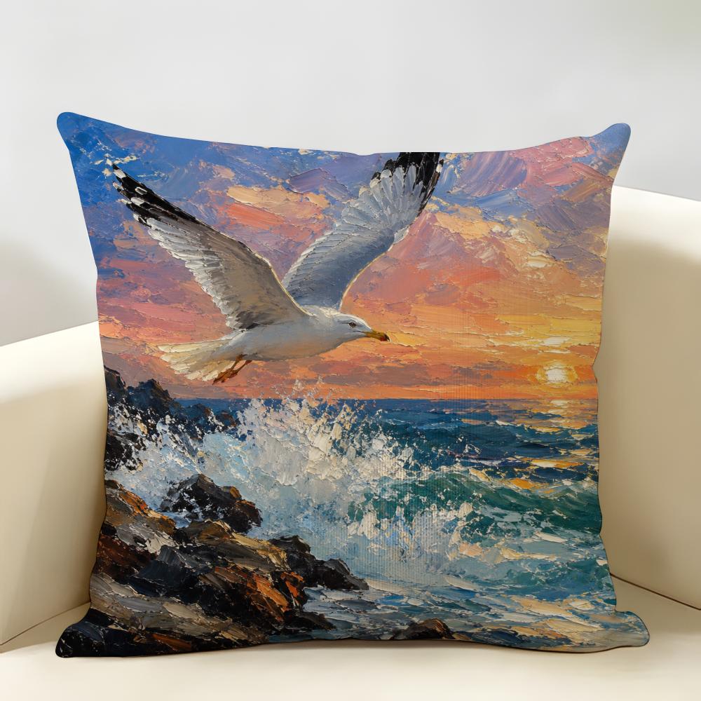 Seagulls On Beach Oceanic Artistic Cushion Cover Durable Hypoallergenic Organic Linen Pillow Cover Washable Skin-Friendly