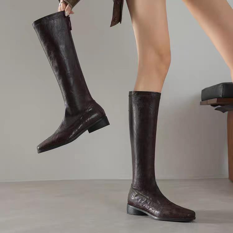 Sheepskin version fashionable retro square head leather boots new versatile and thin knight boots temperament women's boots