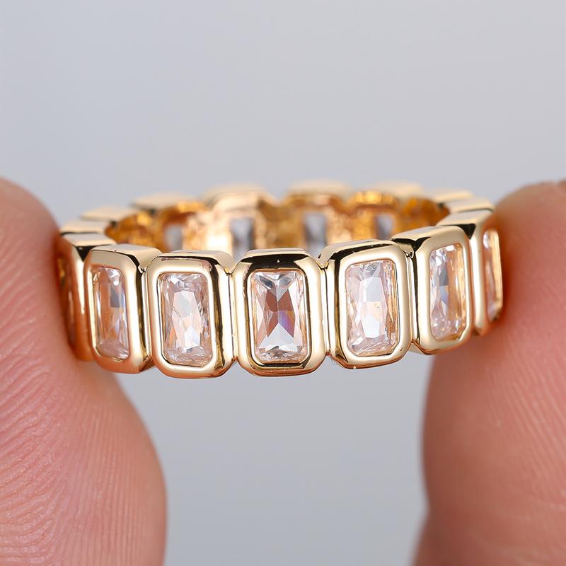 Emerald Cut White Zircon Rings for Women Men Luxury Gold Color Full Eternity Band Gifts Fine Jewelry