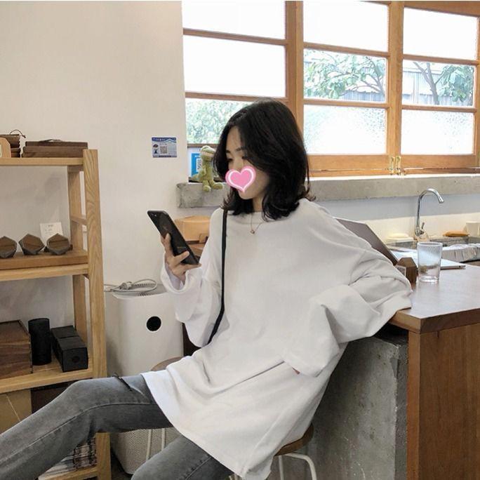 2025 Women's Loose Korean-Style White Long-Sleeve T-Shirt for Autumn/Winter