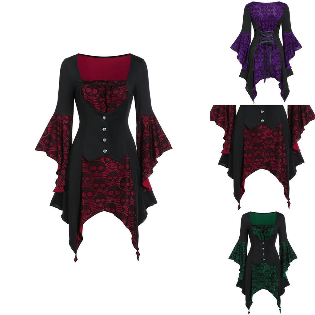 Women's Vintage Skull Head Medieval Gothic Witch Cosplay Costume Dress For Halloween Party