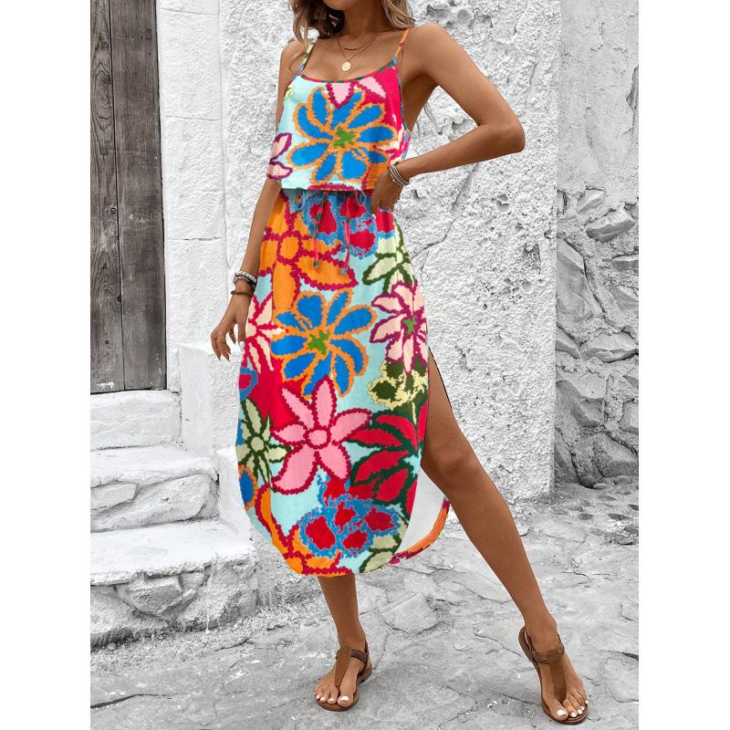 Strappy Printed Dress - Elegant Ink Silk Gauze for Commute and Casual Wear