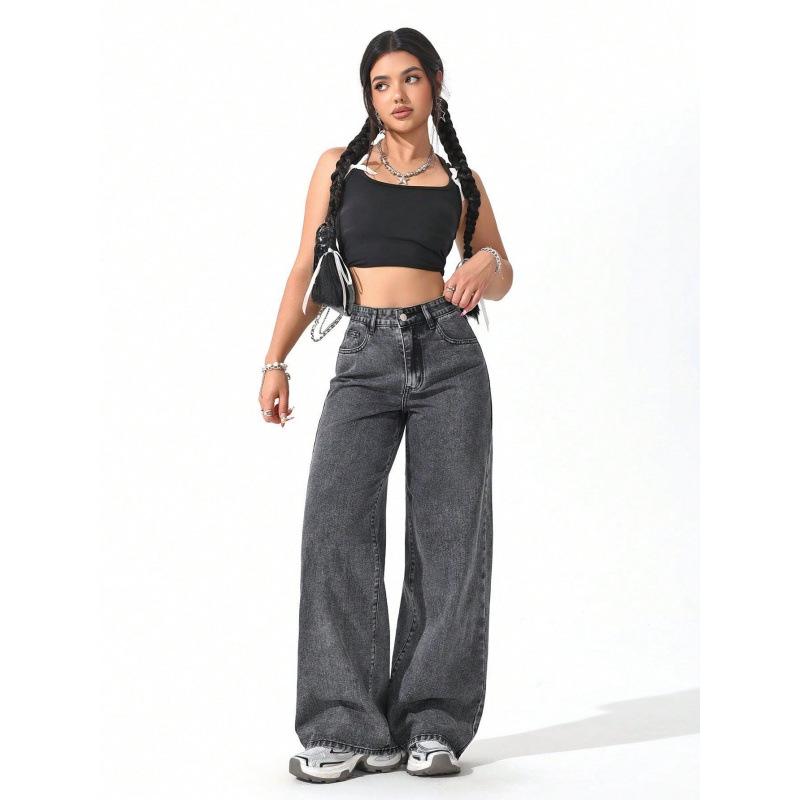 Multicolor European & American High-Waisted Loose Wide-Leg Floor-Length Casual Jeans for Women