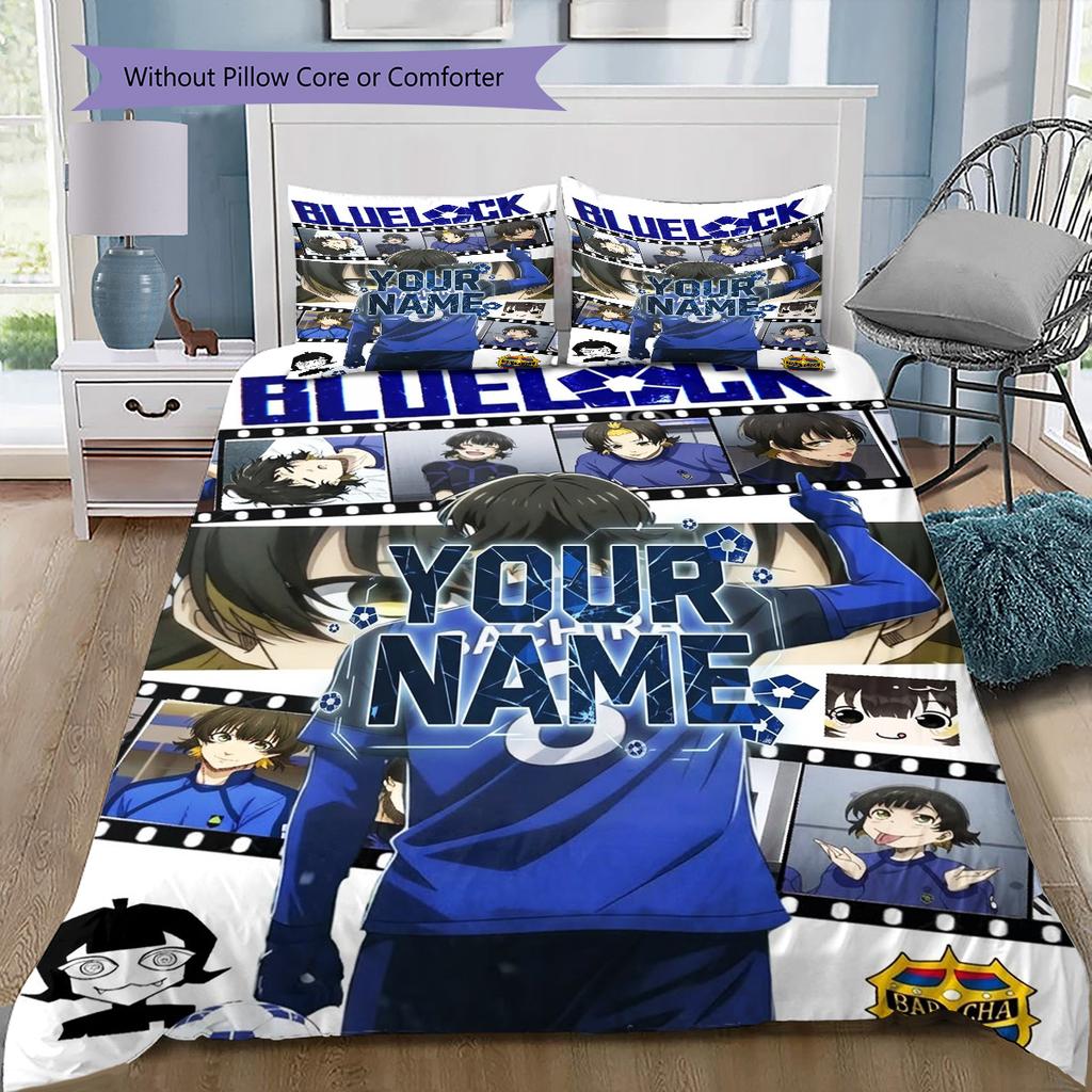 Blue Lock Soccer Custom Name Pattern Bedding Quilt Set Quilt Cover Pillowcase Home Birthday Gift(1 * Duvet Cover + 2 * Pillowcase, Without Core)
