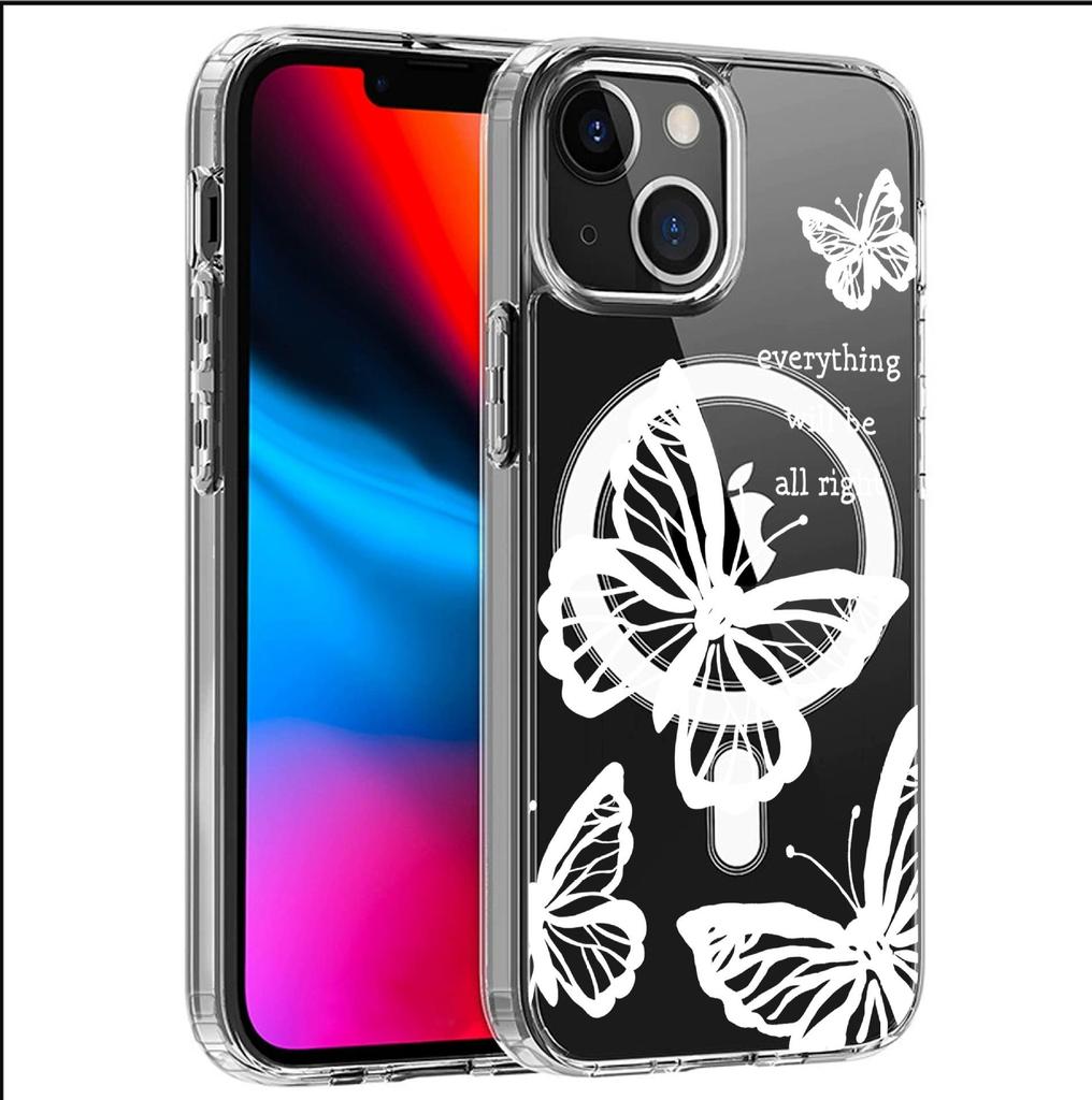 White Butterfly Magnetic Case for iPhone 15/16/17 Pro Max - Transparent Full Coverage Protection