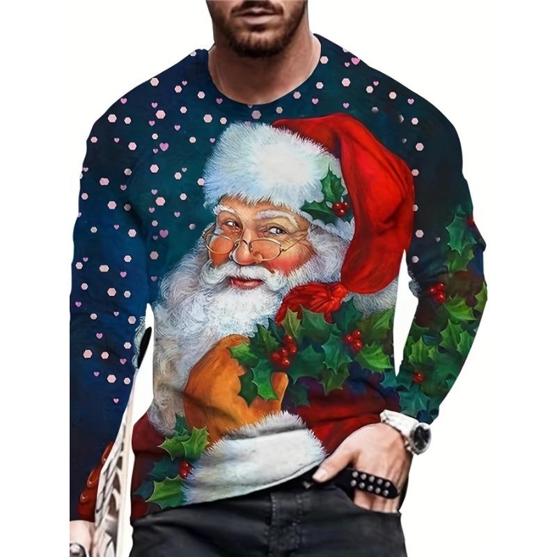 Camisetas de manga larga con estampado 3D de Papá Noel para hombre, camisetas con estampado de Papá Noel para fiesta de Navidad, moda informal para hombre, cuello redondo, manga larga