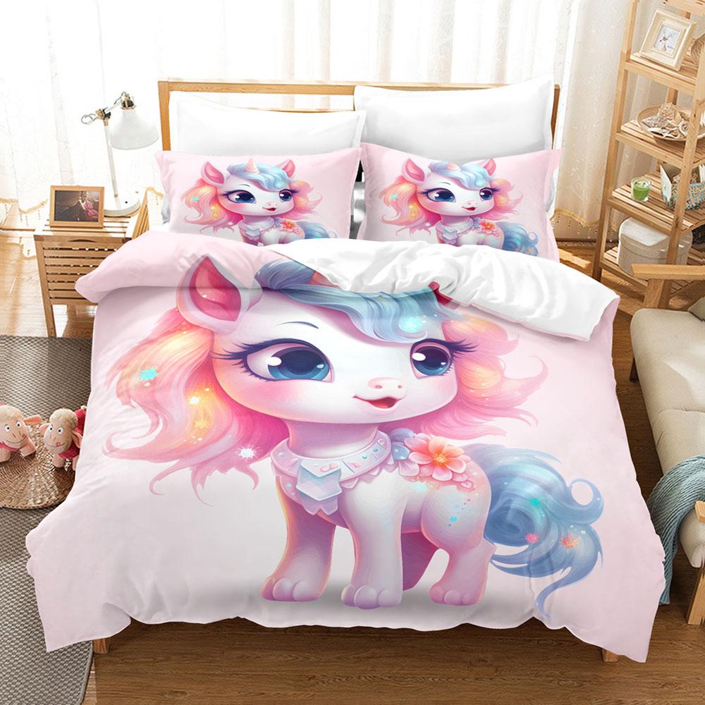 3D Cartoon Bedding Set Unicorn Rainbow Printed Duvet Cover Set Soft Skin-Friendly Single Double King Size for Kids Birthday Gift
