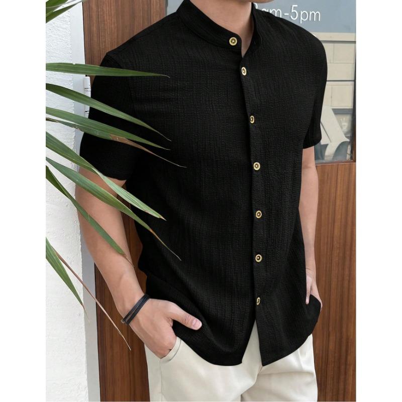 Mens Loose Stand Collar Short Sleeve Solid Color Casual Shirt S чёрный