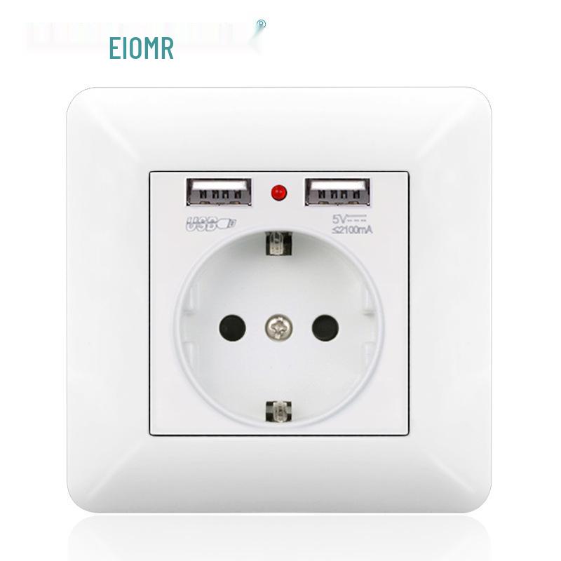 Curved White European Standard Socket Panel with Double USB & Type C, German Switch, Concealed Installation