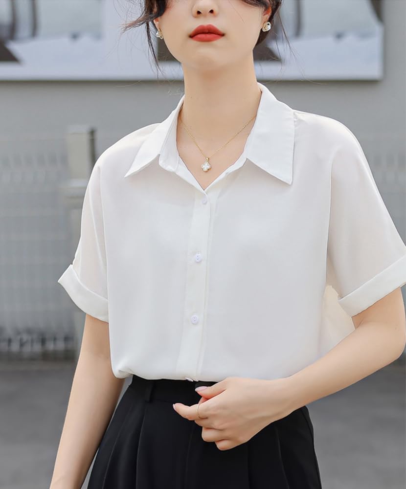 Cămașă Bluză Mânecă Scurtă Vară Cămașă cu Guler Șifon Alb Birou Casual Topuri Opac Birou Afaceri Navetă Zilnic Foarte Respirabil [Xiaoyu]