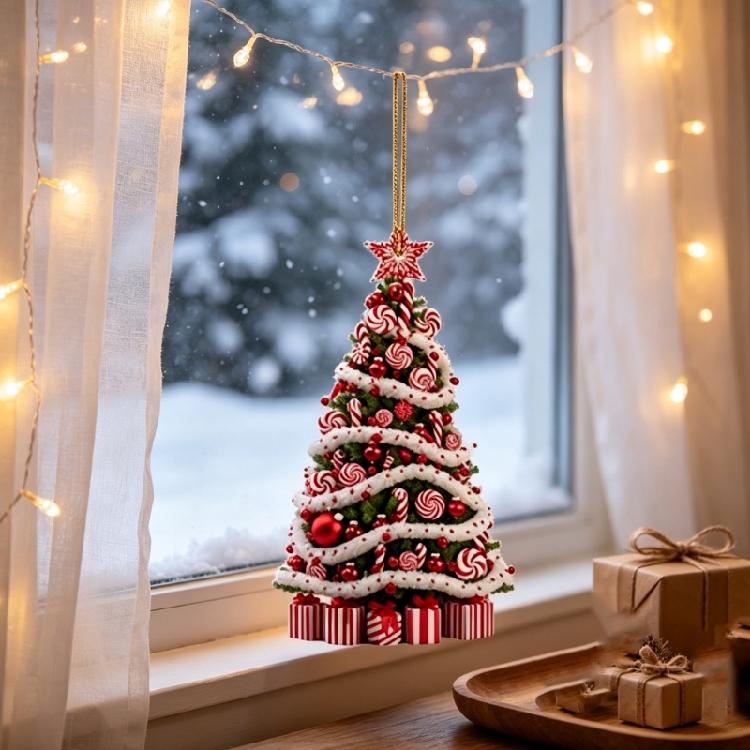 Holiday Room Accent Ornament in Acrylic, Christmas Tree Theme, 3.14 In with Loop for Home, Wreath, and Shelf Use