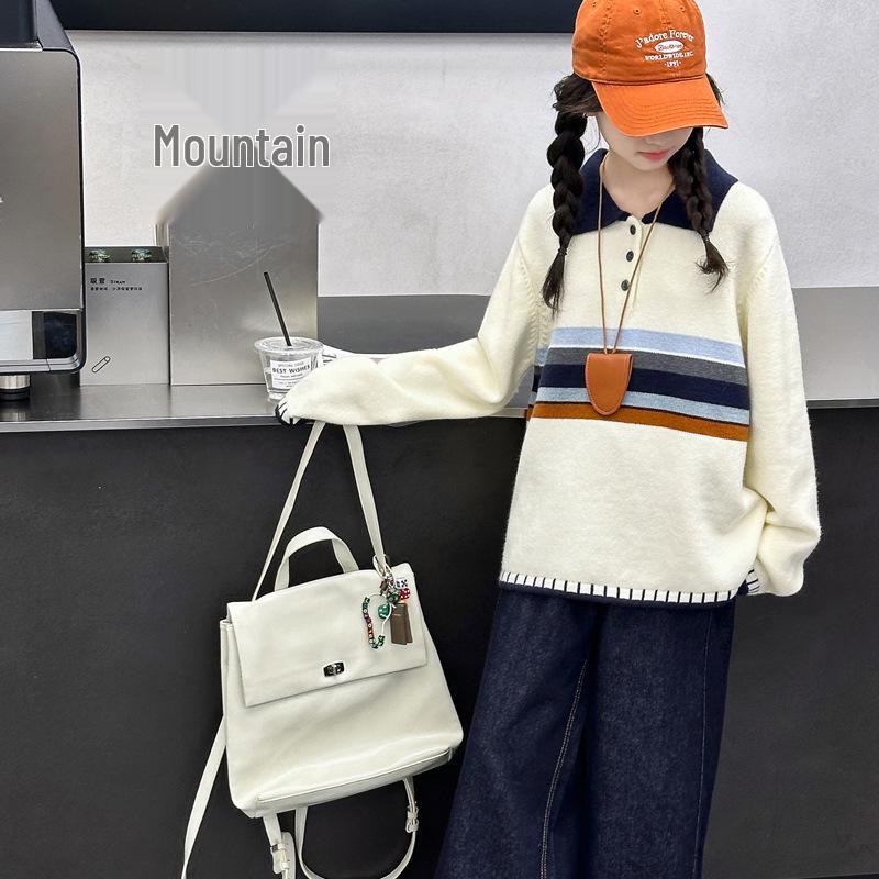 

Девичий свитер-поло колор-блок 2025: Модный вязаный топ для подростков в корейском стиле 130 cm