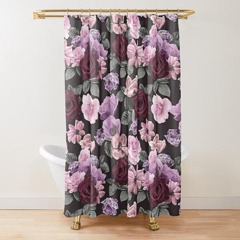 Cortina de ducha con diseño floral, color rosa oscuro, negro, rojo, verde, hojas, flores coloridas, mariposas, cortinas góticas para baño, decoración vintage para baño