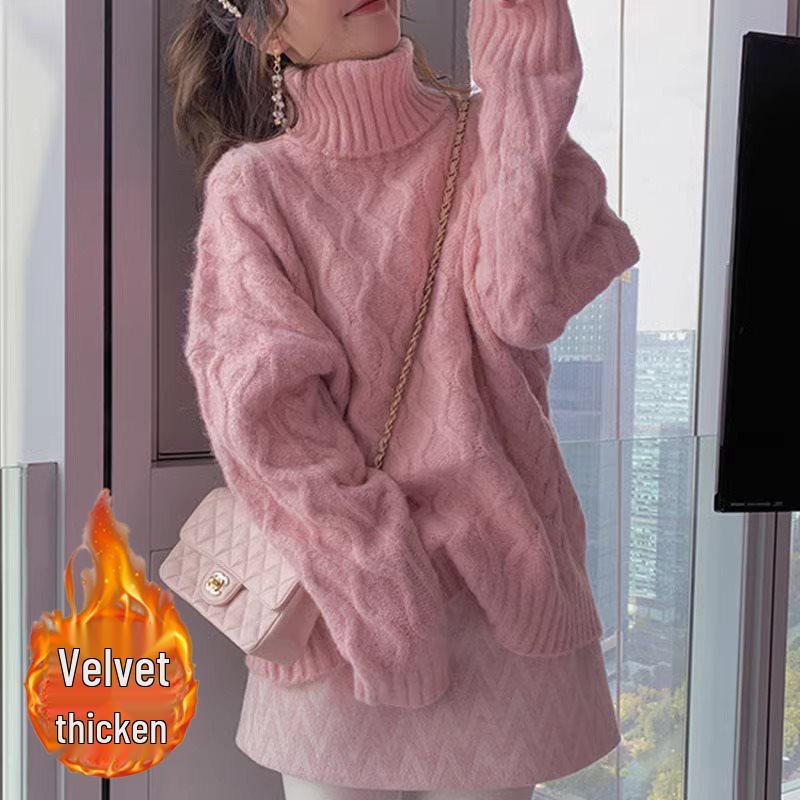 Women's Retro High-Neck Cable Knit Sweater - Loose Fit, Thickened for Autumn/Winter 2025