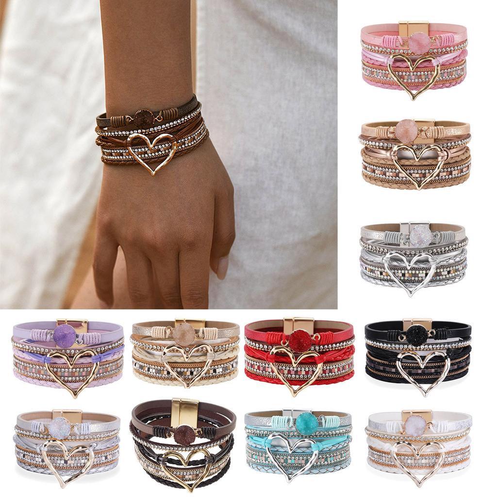 Elegant Heart Leather Wrap Bracelets Stackable Bohomian Cuff Bangles Trendy Rhinestones Bracelets for Women and Girls