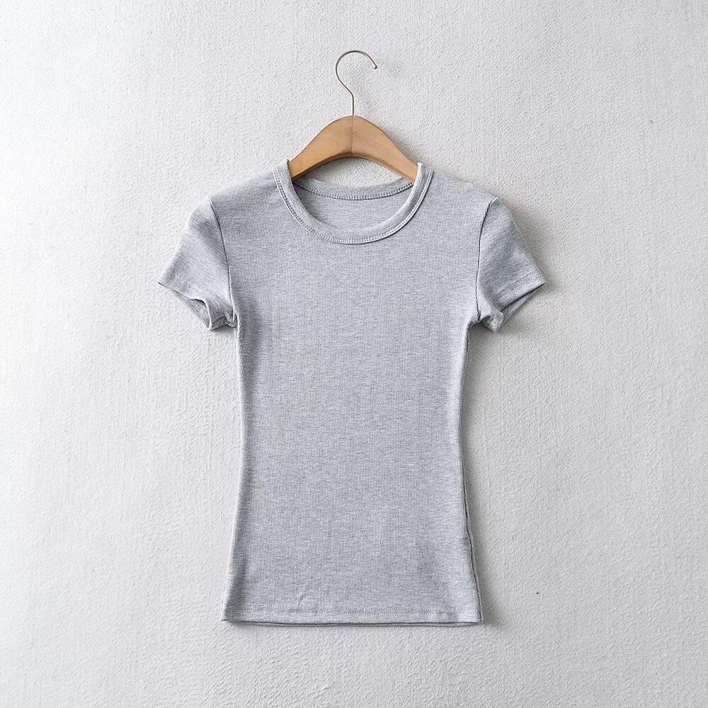 

Європейська та американська жіноча однотонна приталена футболка з ретро коротким рукавом S