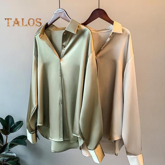 Dámská košile s klopou, dlouhým rukávem, jednoradovým zapínáním, topy, jednobarevná, hladký satén, volný střih, ležérní košile