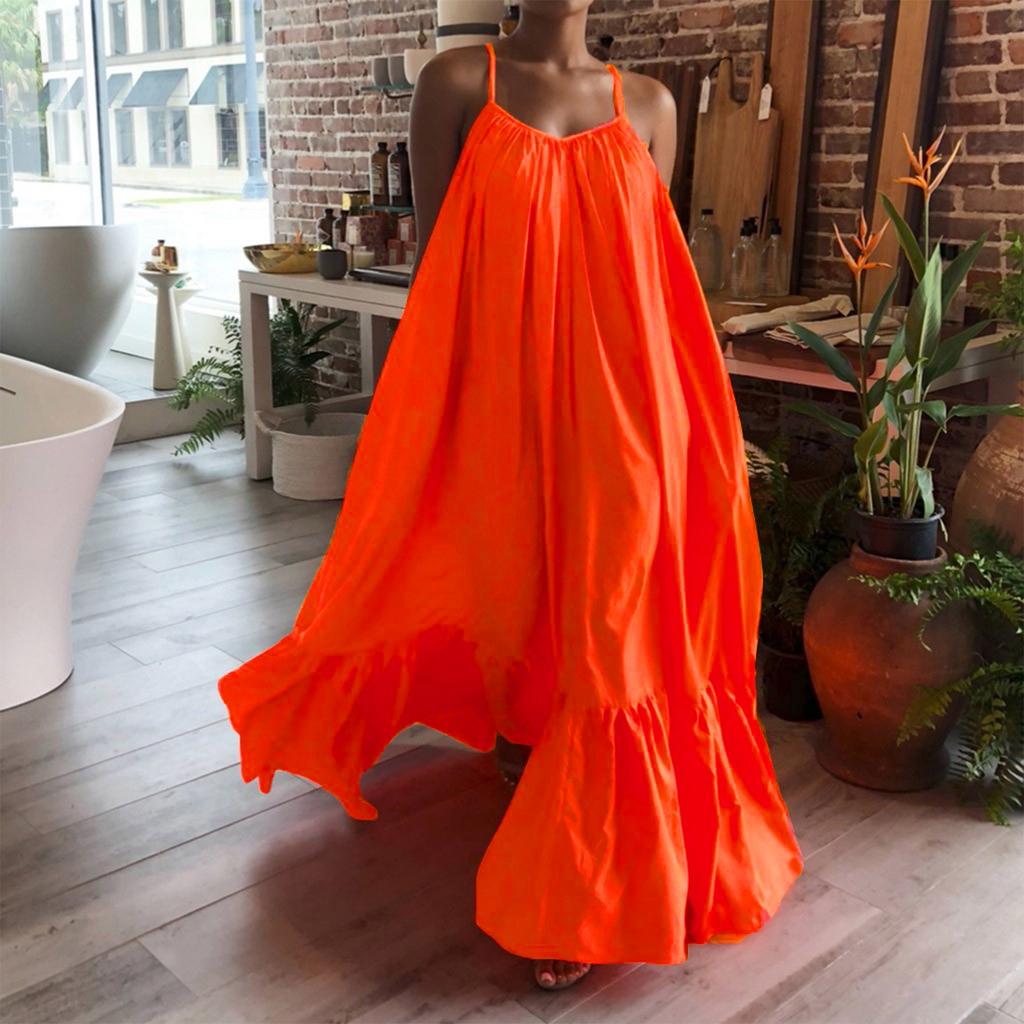 Women Fashion Casual Solid Strap Dress Pocket Loose Backless Big Swing Dress
