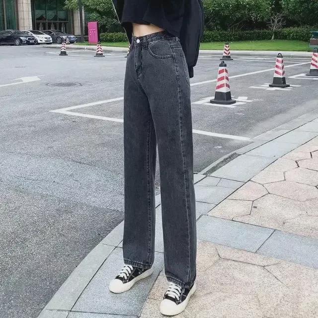 2023 Women's Black & Gray High-Waist Wide-Leg Jeans – Spring/Autumn Loose Straight Floor-Length Pants