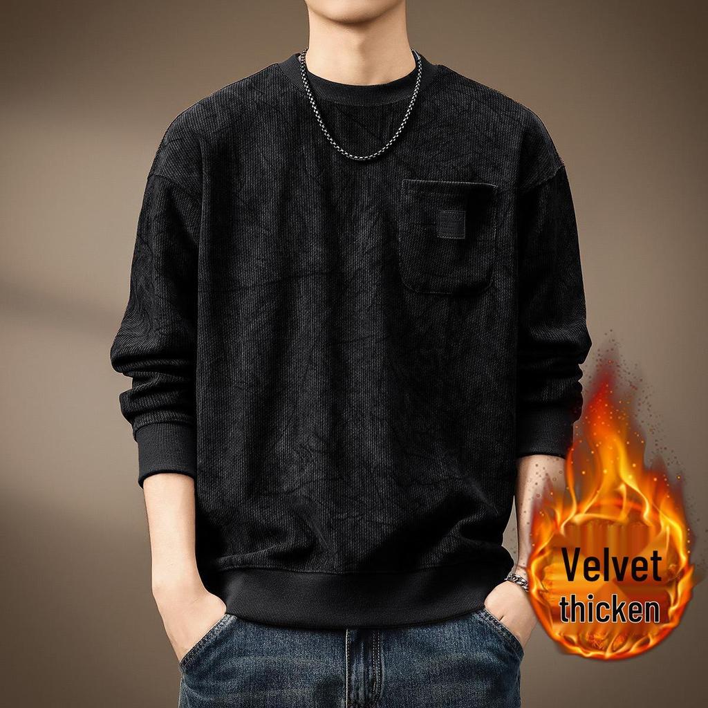 Men's Heavyweight Wool Hoodie - Spring/Autumn Round Neck, Loose Long Sleeve T-shirt, Printed Casual Base Layer