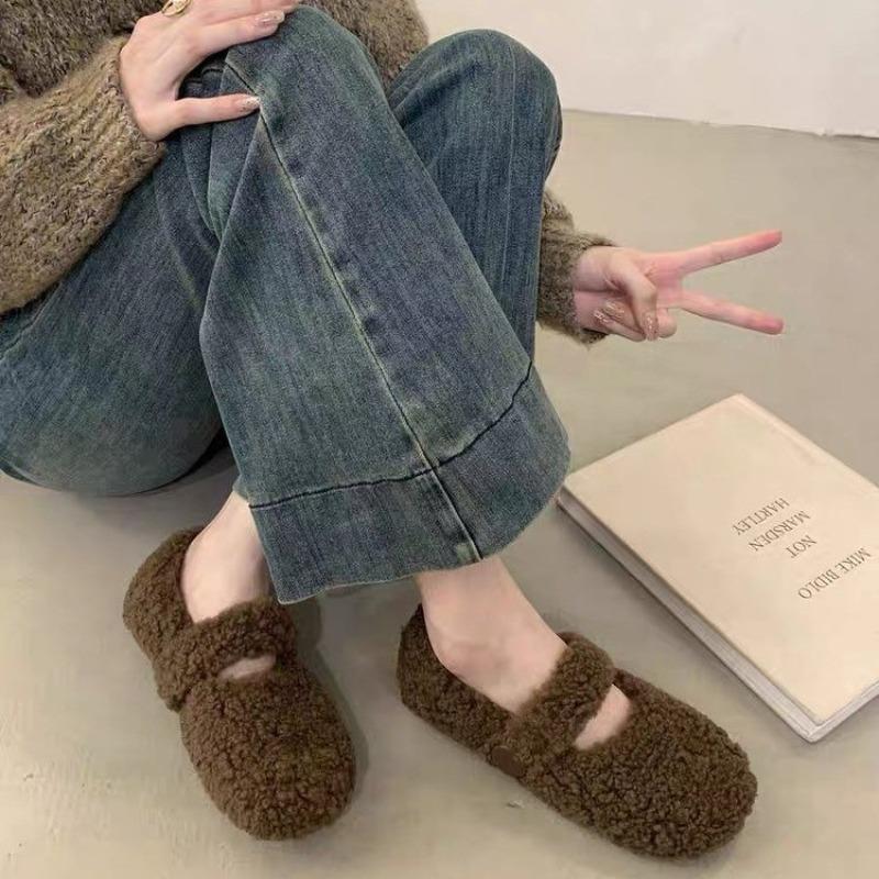 

Новый стиль женские белые французские туфли Мэри Джейн на плоской подошве, пушистые туфли для женской осени и зимы, теплые хлопковые туфли-бини на толстой подошве 40 кофейный