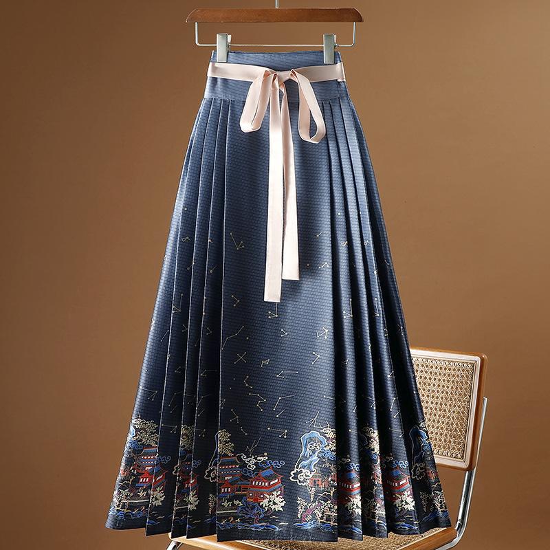 Women's  Chinese-Style Horse Face Skirt - Hanfu Pleated One-Piece Long Skirt
