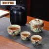 Ru Kiln Travel Tea Set Kit Vintage Tea Tools Set 1 Pot 3 Cups Tea Maker Organizer Portable Picnic Handbag Accessories Ornaments