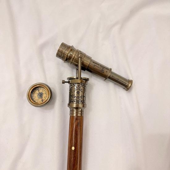 Brass Rosewood Walking Cane with Telescope Compass Vintage Nautical Cane