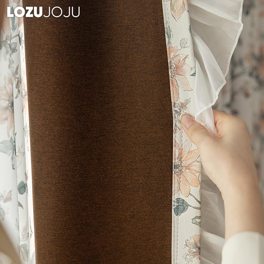 1PC LOZUJOJU Romantic French Countryside Floral Curtains with Lace Blackout Curtains for Bedroom Living Room Home Decor