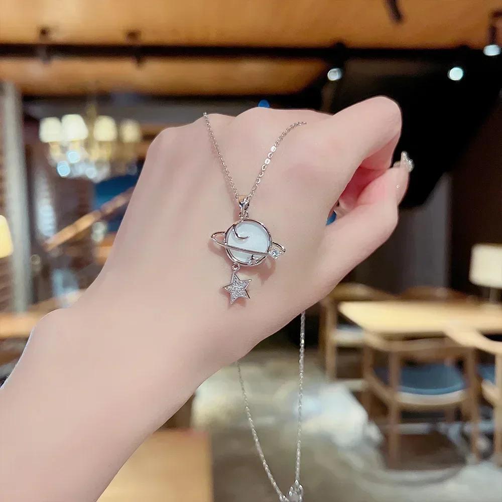 Stainless Steel Zircon Moonstone Planet Necklaces for Women Girls Gold Color Fashion Jewelry Gifts Accessories for Friends